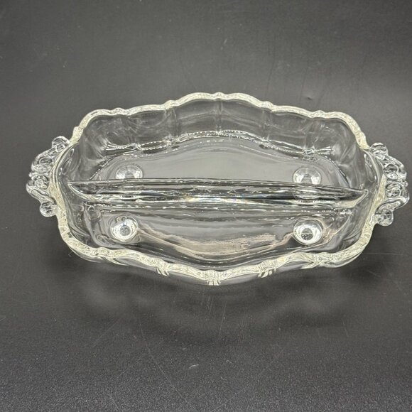 Vintage Elegant Divided Glass Tray With Etched Floral Design & Ornate Handles - Picture 4 of 8